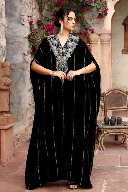 Black Velvet Beads V-Neck Embroidered Kaftan