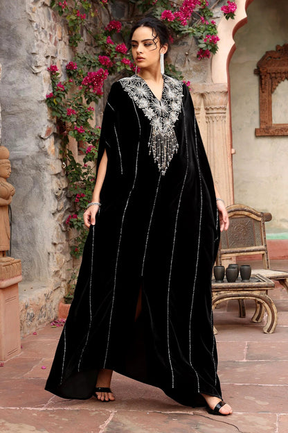 Black Velvet Beads V-Neck Embroidered Kaftan