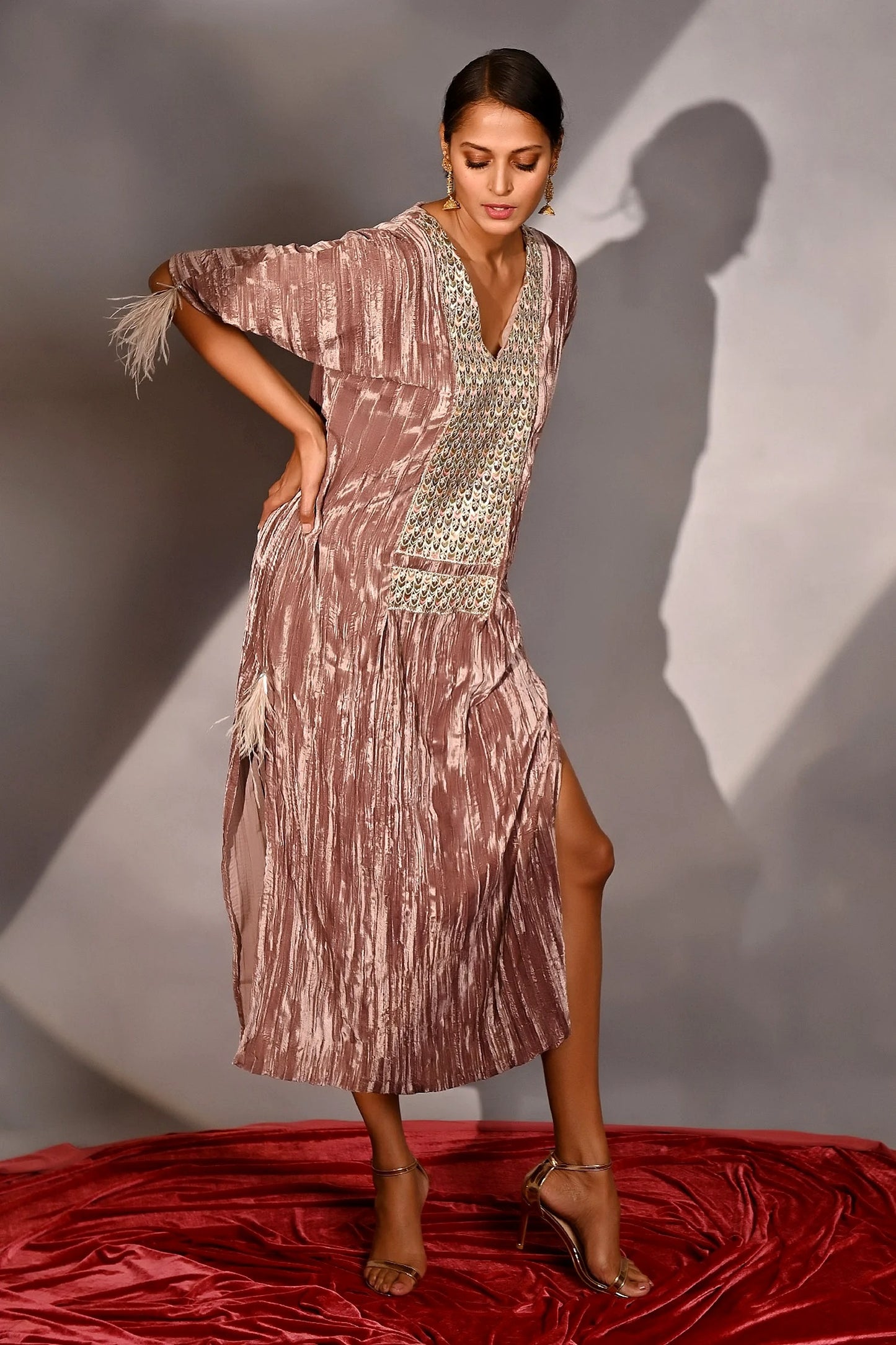 Pink Crushed Silk Velvet Embroidery Kaftan