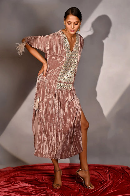Pink Crushed Silk Velvet Embroidery Kaftan
