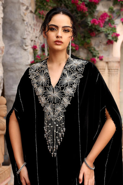 Black Velvet Beads V-Neck Embroidered Kaftan