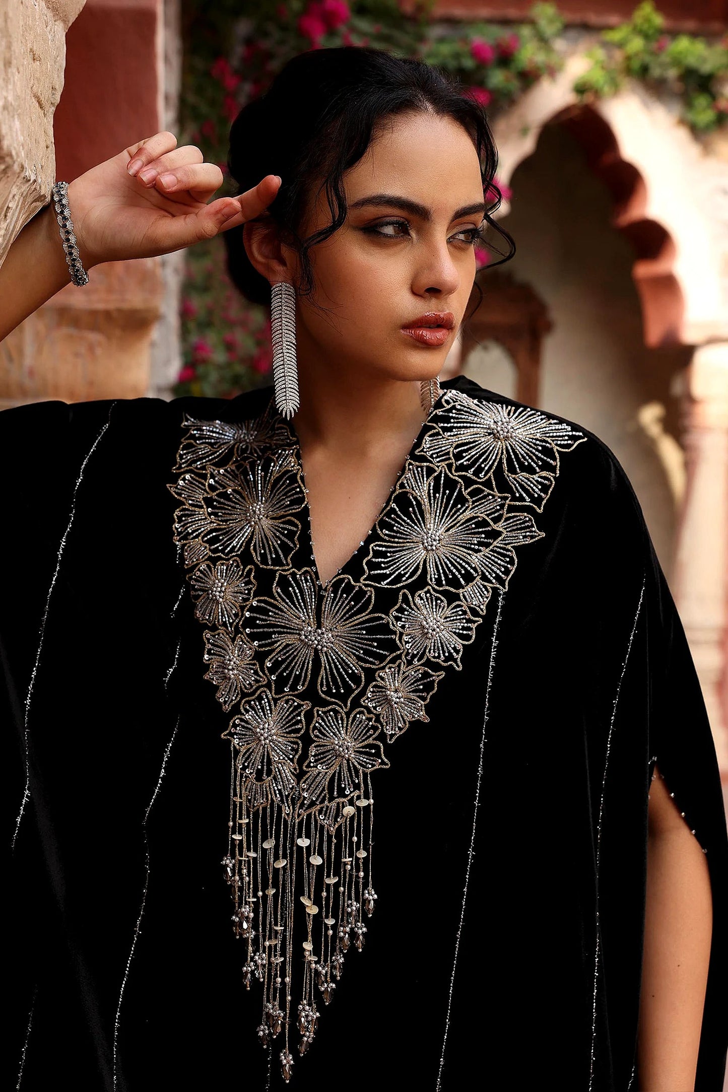 Black Velvet Beads V-Neck Embroidered Kaftan