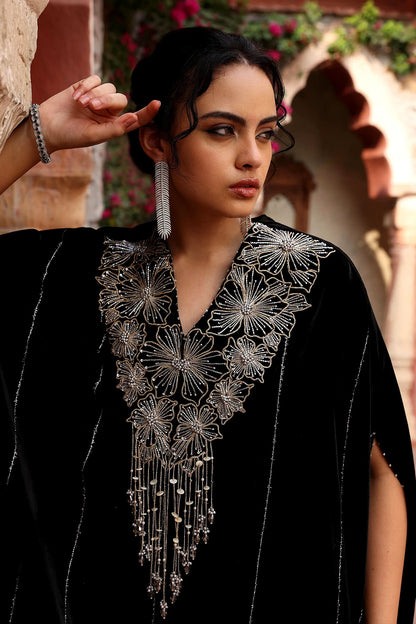 Black Velvet Beads V-Neck Embroidered Kaftan